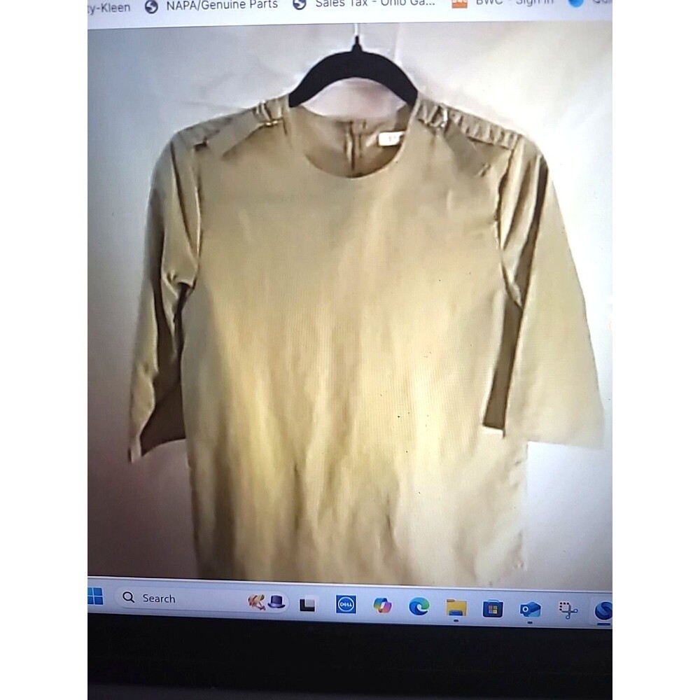 Coco Blanc Taupe Blouse Back Zip Metal Buckle On Lapels 100% Nylon Crinkle SZ S